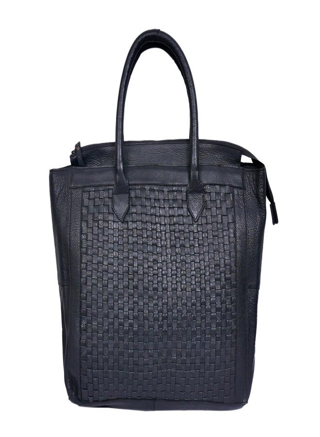 Celtic Genuine Leather Tote Bag Black with Woven Front, Zip Closure & Dual Carry Handles - Image 5